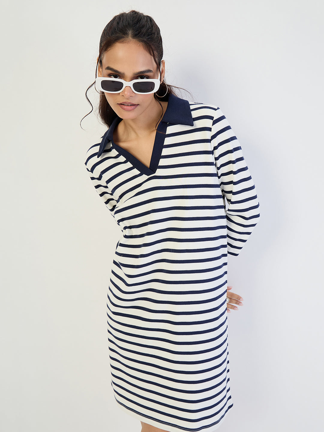 Navy Striped Polo Knit Knee Length Dress