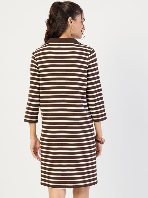 Brown Striped Polo Knit Knee Length Dress
