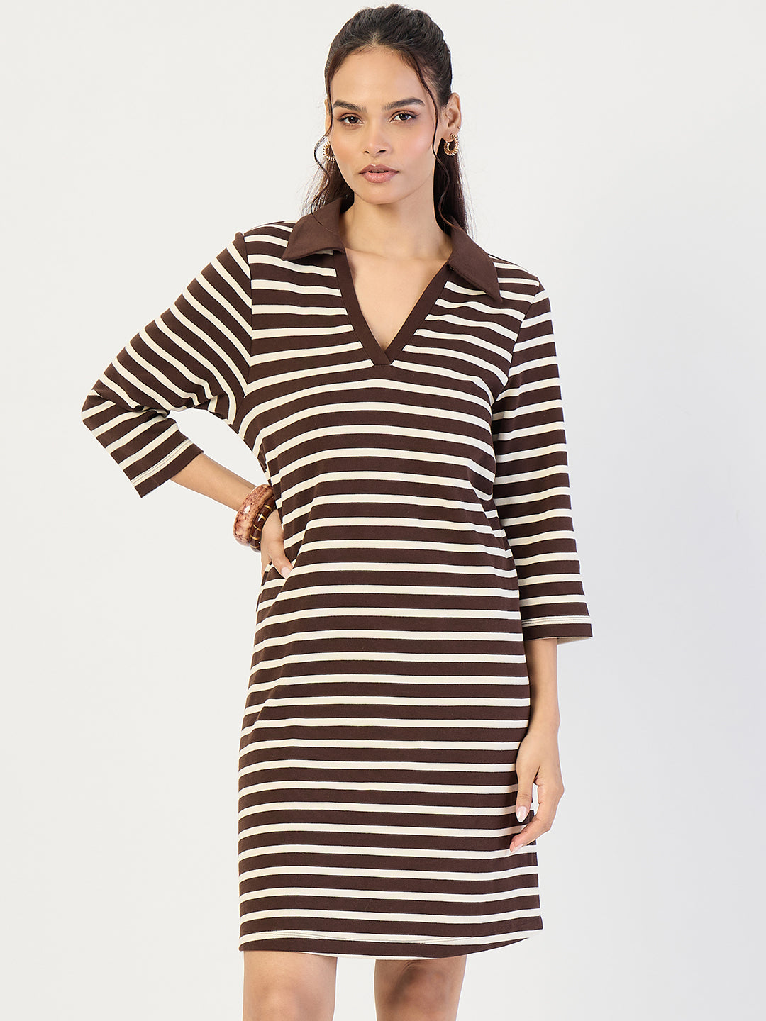 Brown Striped Polo Knit Knee Length Dress