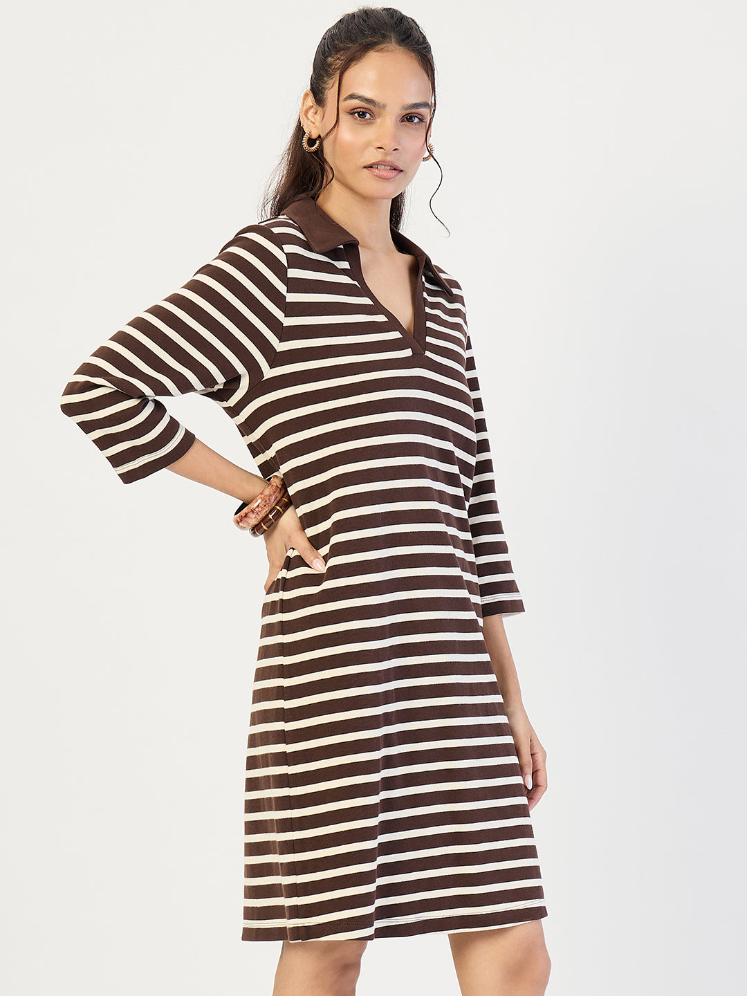 Brown Striped Polo Knit Knee Length Dress