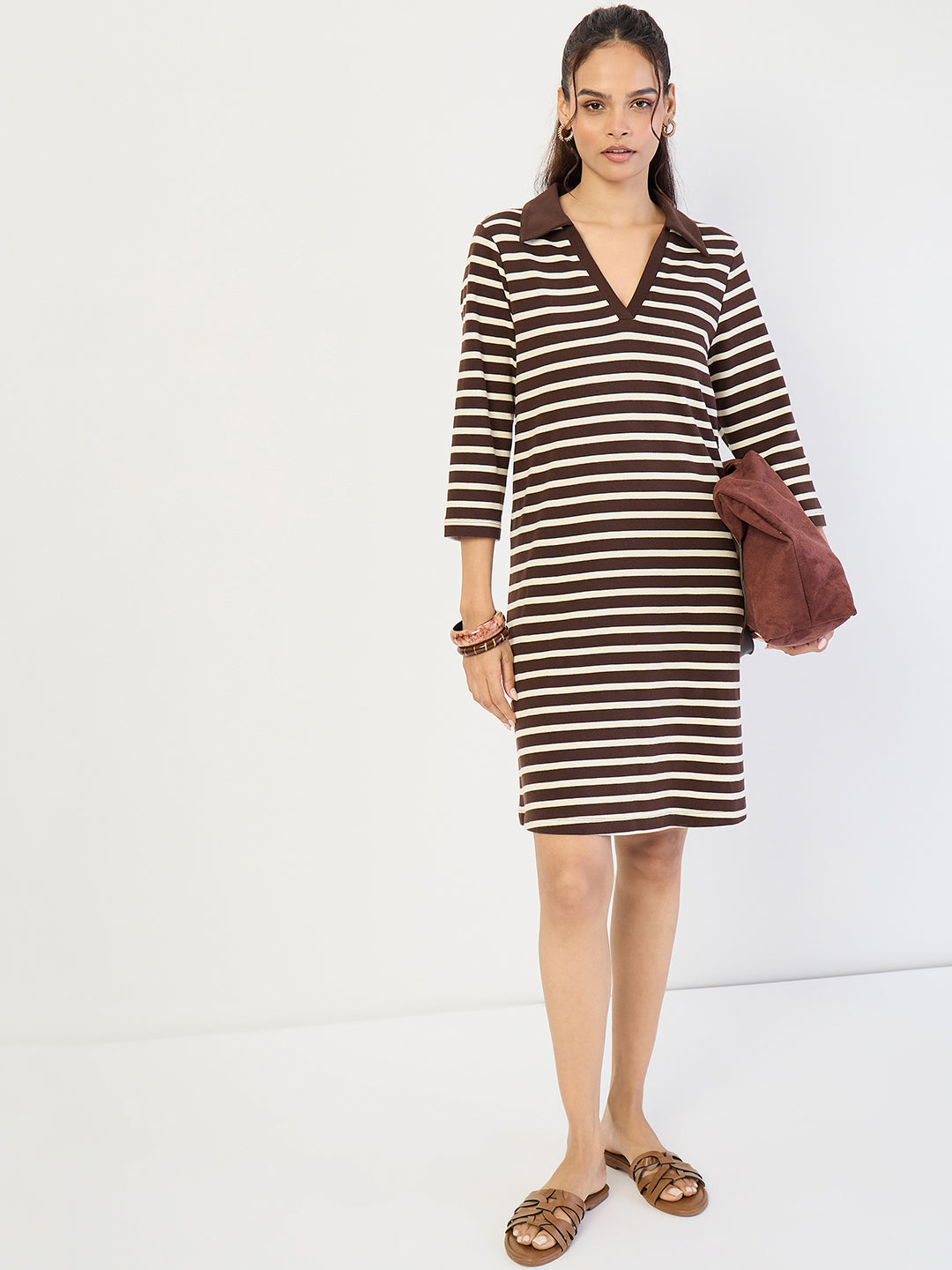 Brown Striped Polo Knit Knee Length Dress