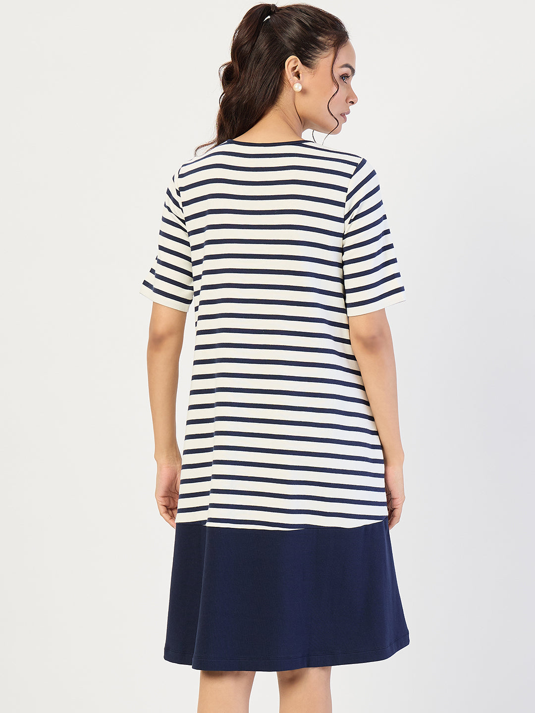 Navy Striped Knit Knee Length Dress