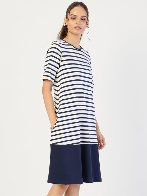 Navy Striped Knit Knee Length Dress