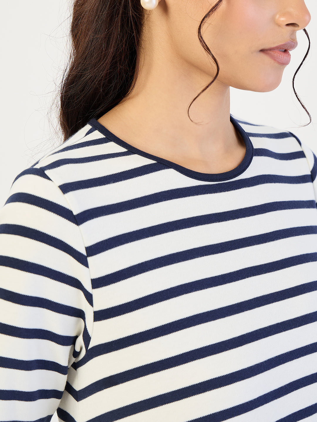 Navy Striped Knit Knee Length Dress