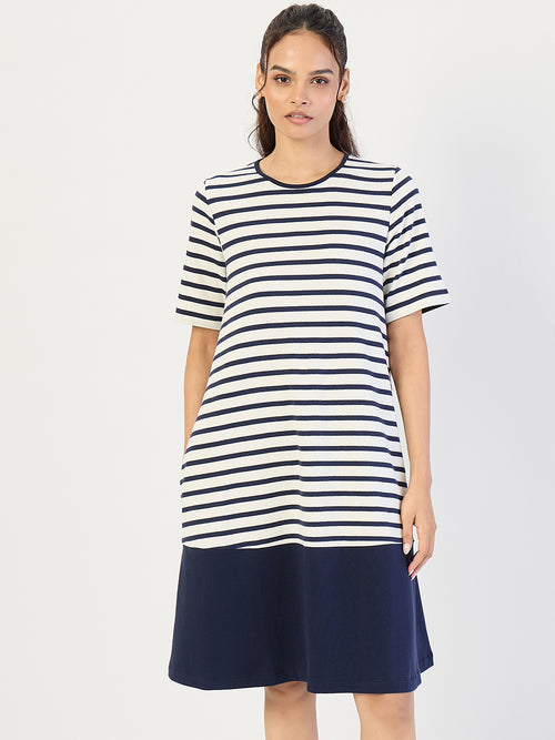 Navy Striped Knit Knee Length Dress
