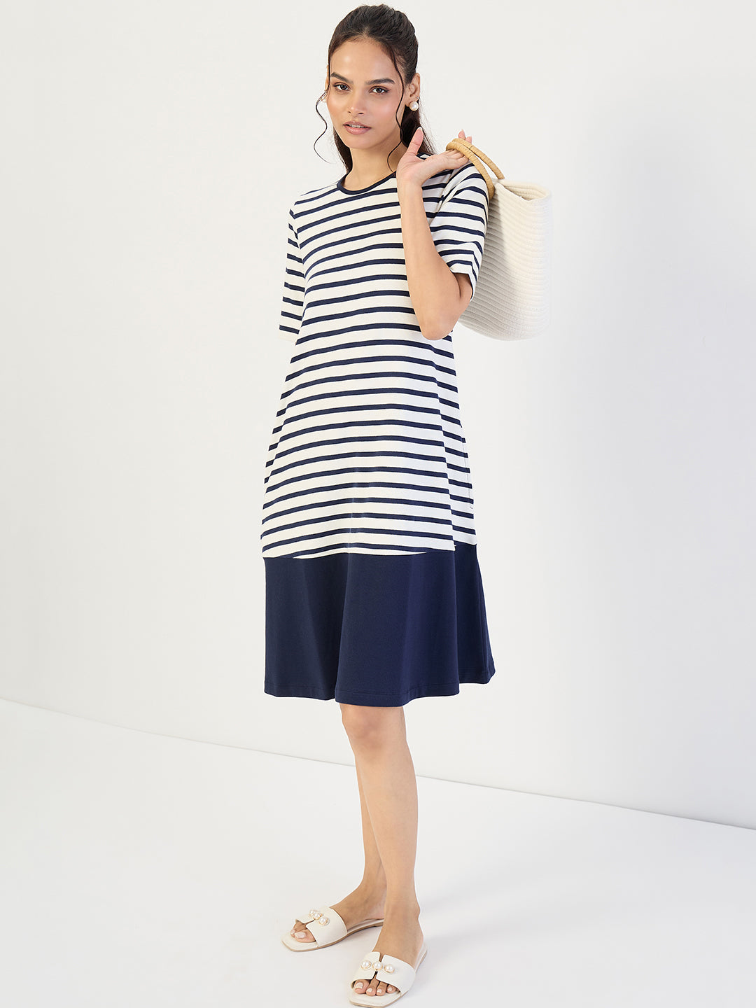 Navy Striped Knit Knee Length Dress