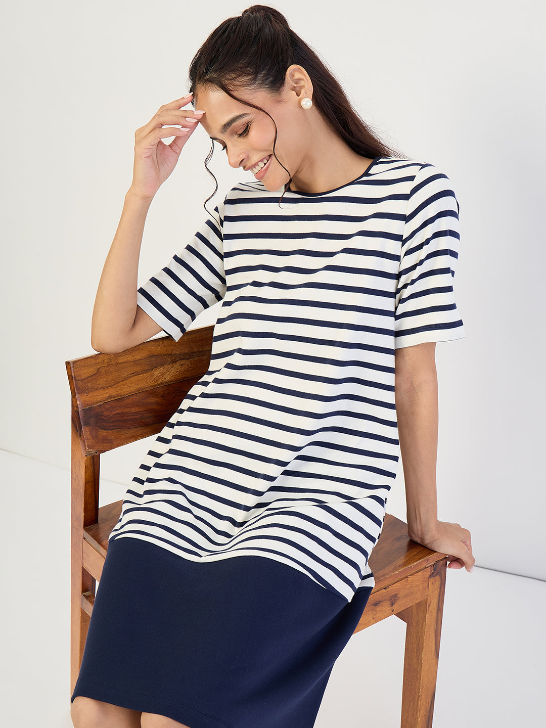 Navy Striped Knit Knee Length Dress