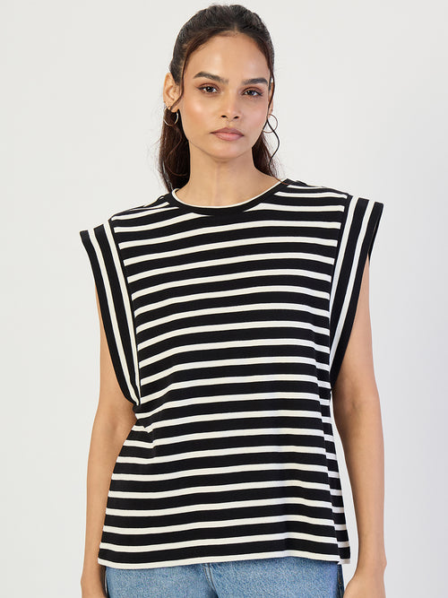 Black Striped Sleeveless Knit T-Shirt