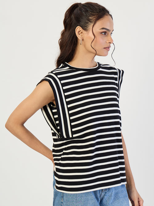 Black Striped Sleeveless Knit T-Shirt