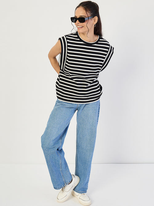Black Striped Sleeveless Knit T-Shirt