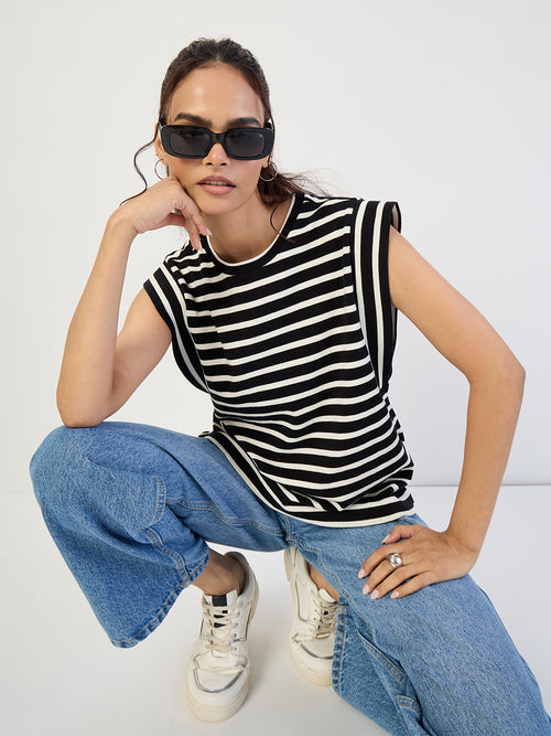 Black Striped Sleeveless Knit T-Shirt