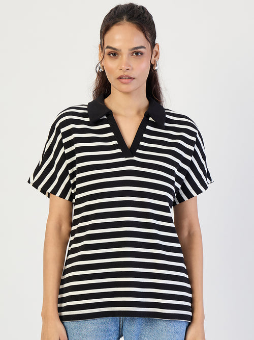 Black Striped Polo Knit T-Shirt