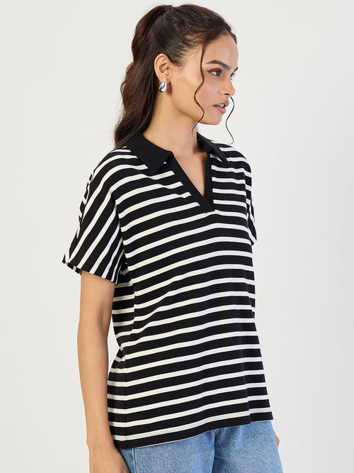 Black Striped Polo Knit T-Shirt