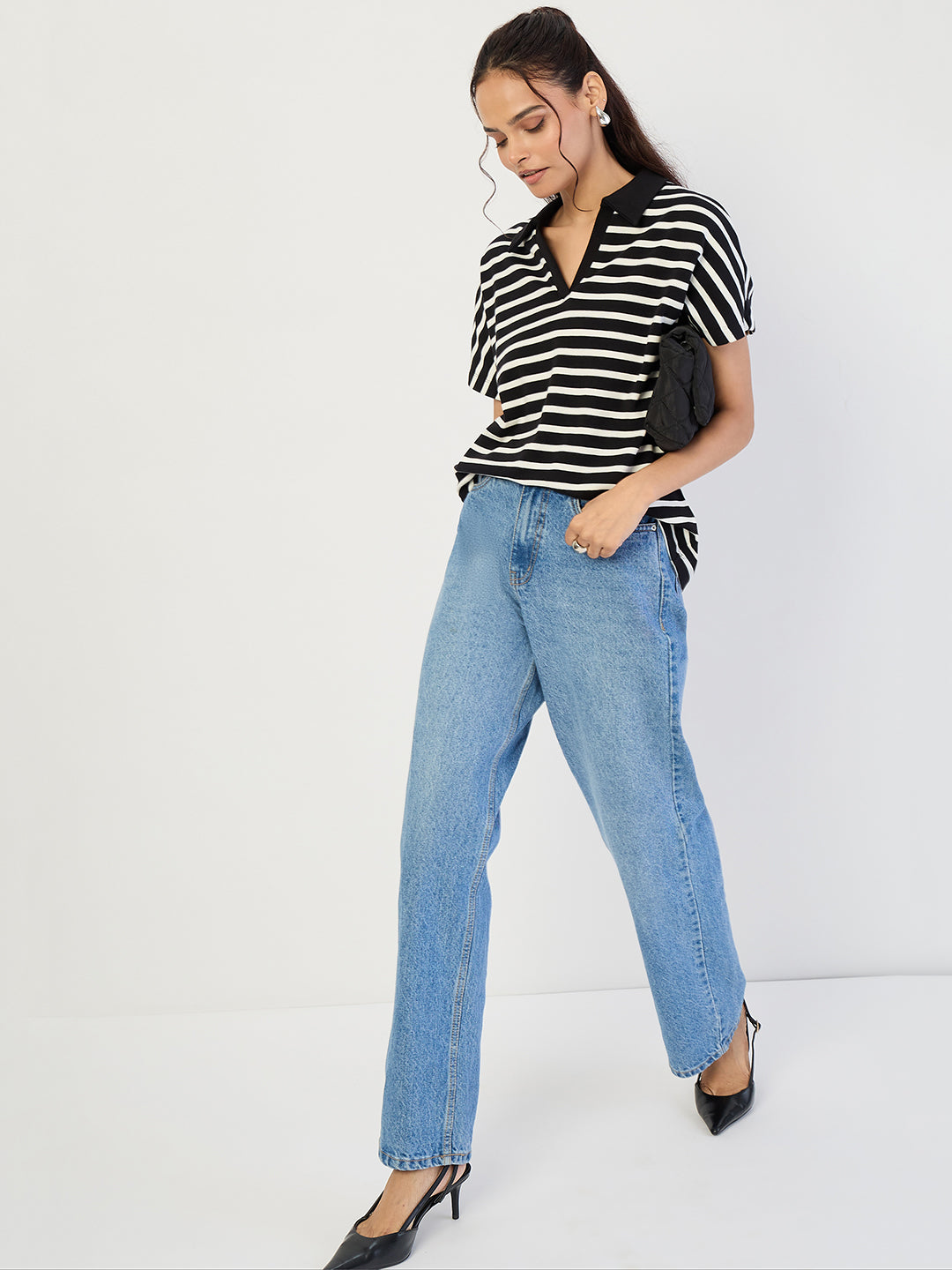 Black Striped Polo Knit T-Shirt