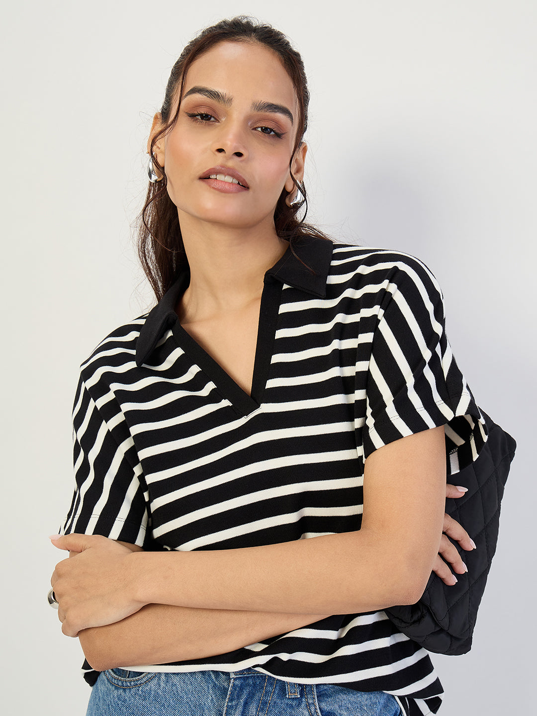 Black Striped Polo Knit T-Shirt