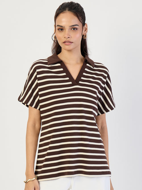 Brown Striped  Polo Knit T-Shirt