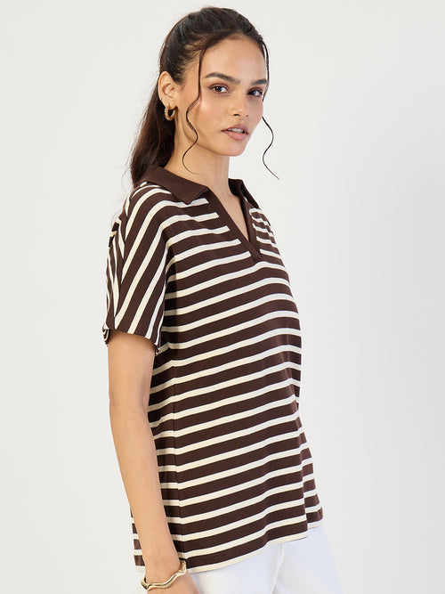 Brown Striped  Polo Knit T-Shirt