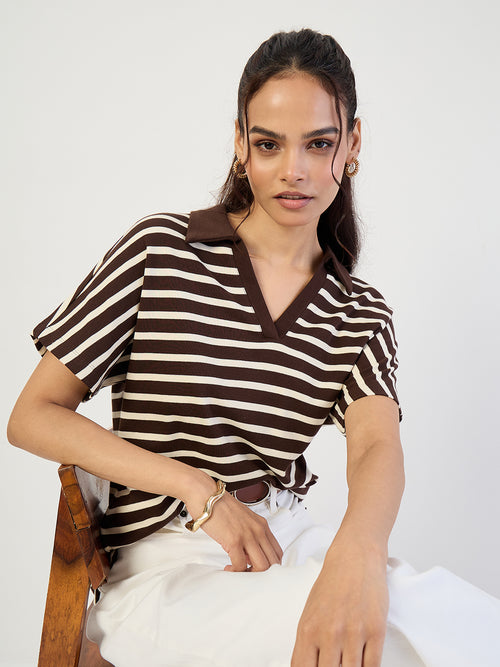 Brown Striped  Polo Knit T-Shirt