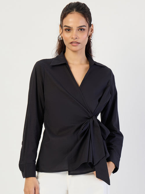 Black Cotton Wrap Top