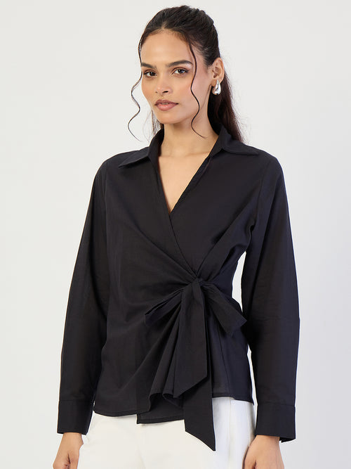 Black Cotton Wrap Top