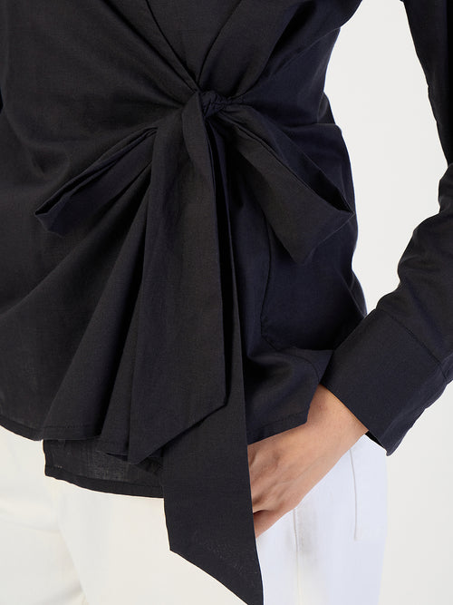 Black Cotton Wrap Top