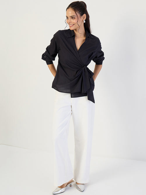 Black Cotton Wrap Top