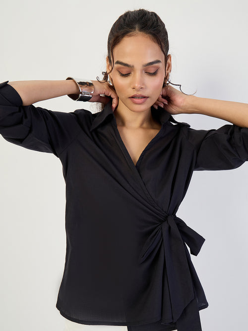 Black Cotton Wrap Top
