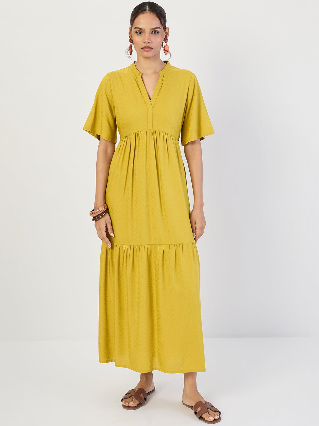 Citrine Green Dobby Tiered Maxi Dress