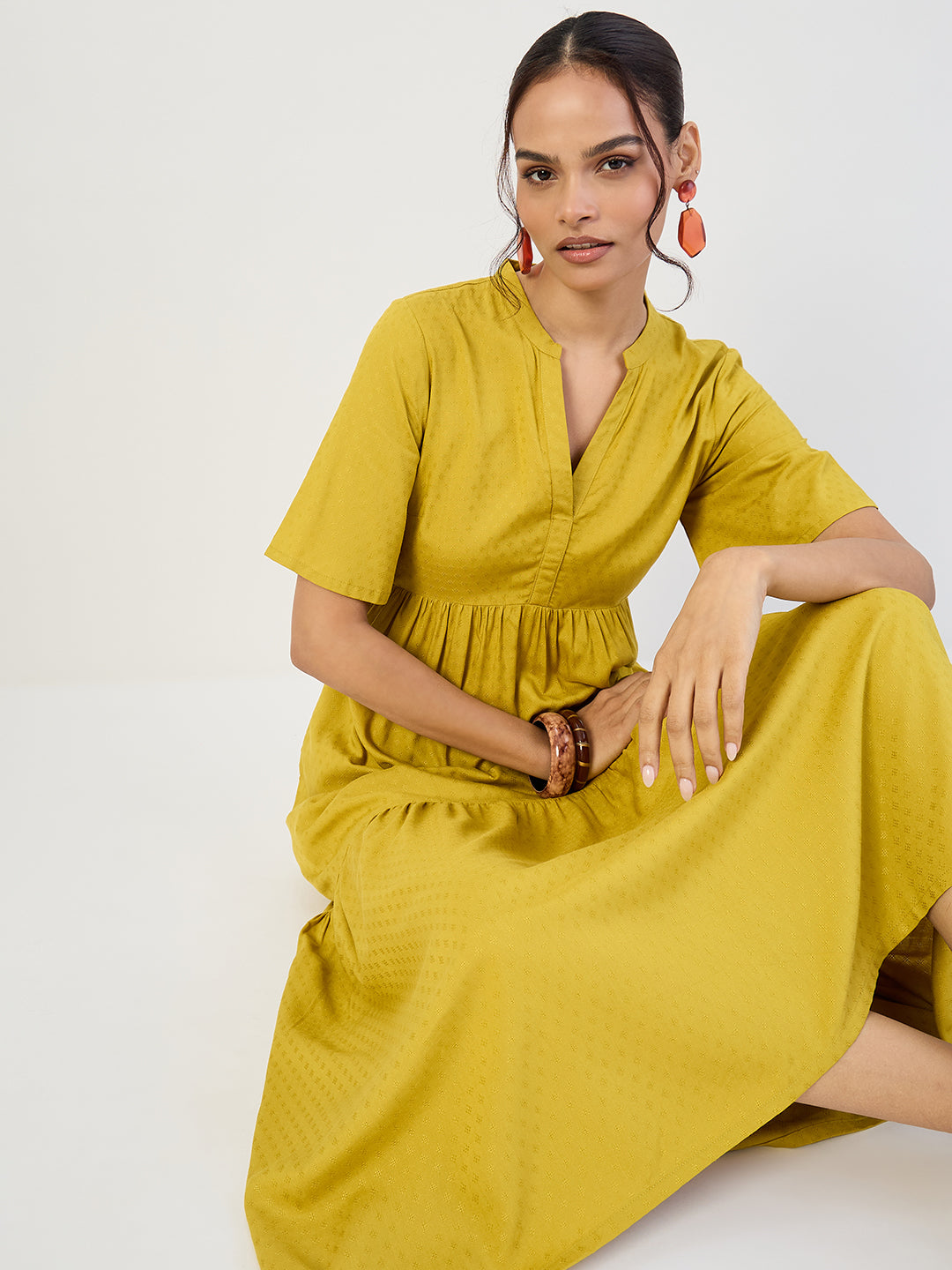 Citrine Green Dobby Tiered Maxi Dress