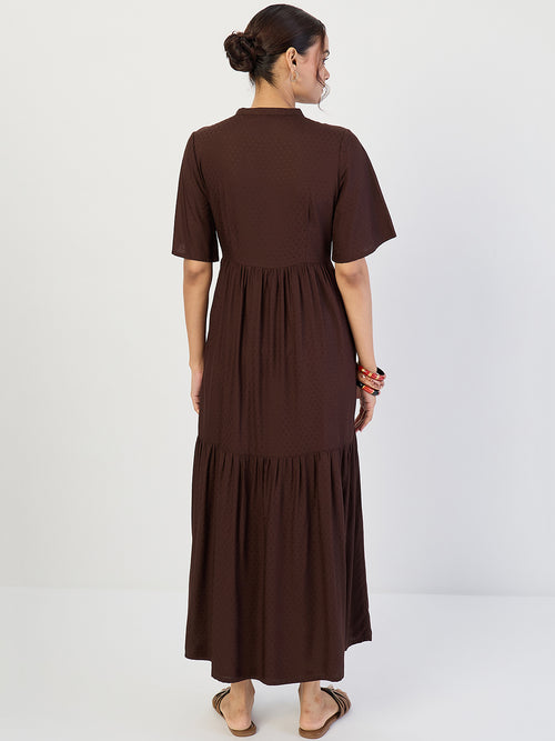 Coffee Brown Dobby Tiered Maxi Dress