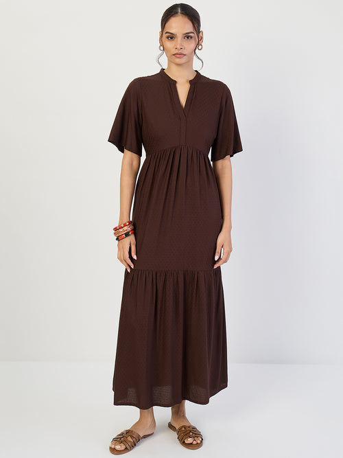 Coffee Brown Dobby Tiered Maxi Dress