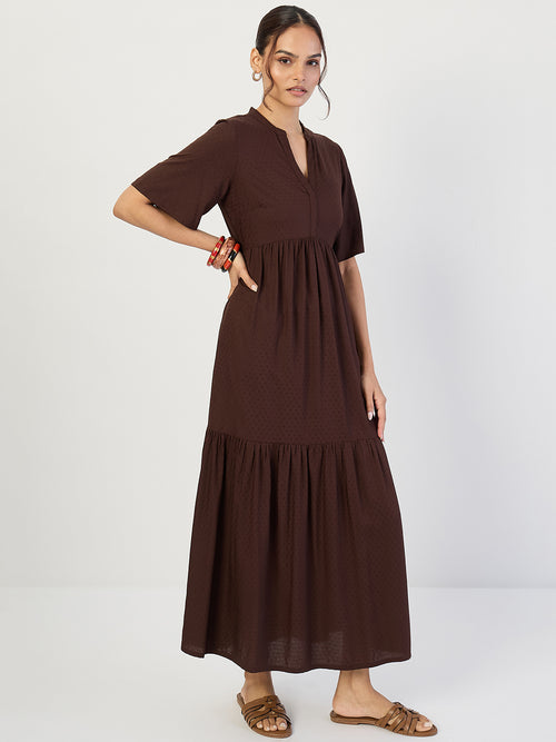 Coffee Brown Dobby Tiered Maxi Dress