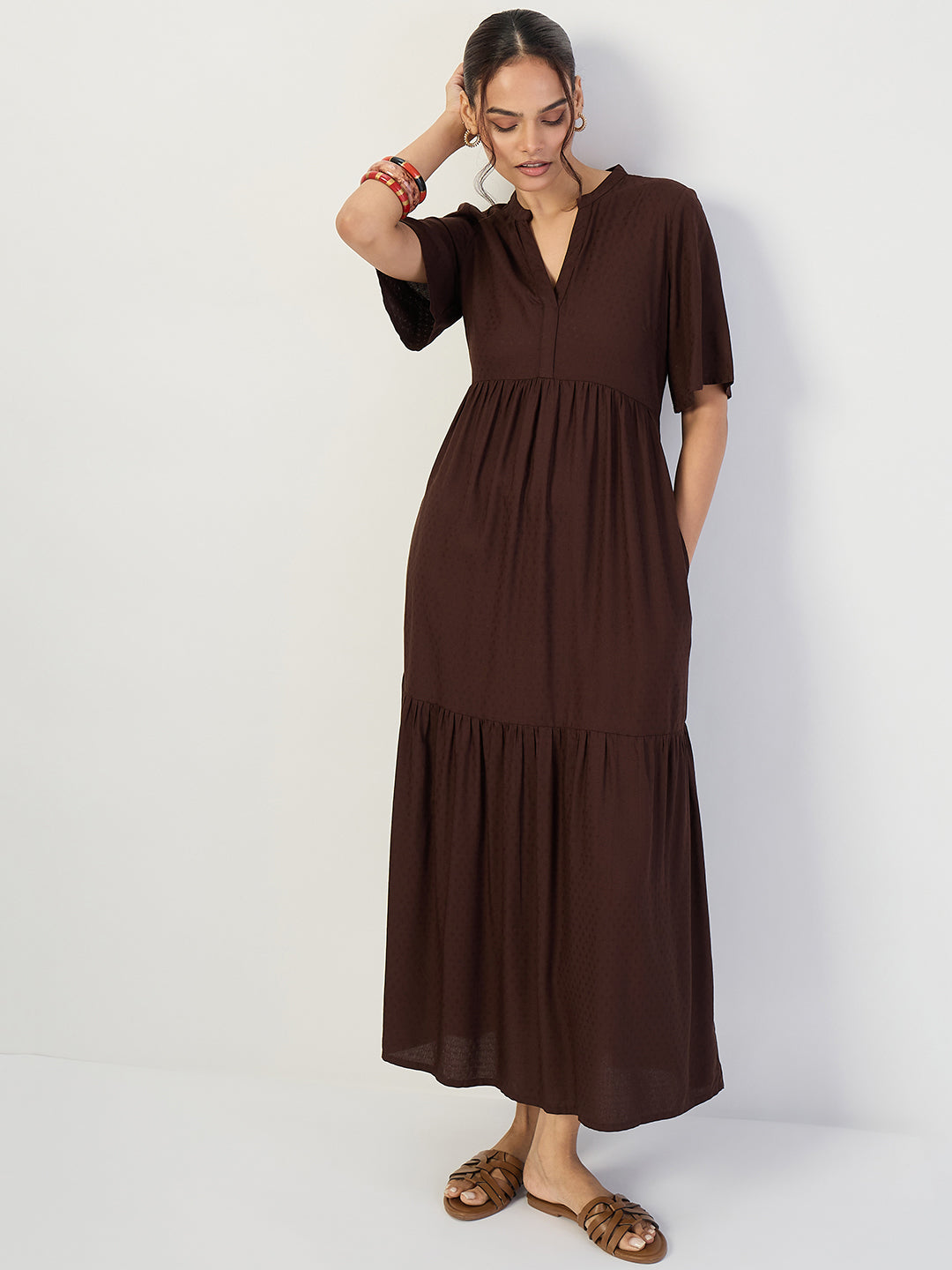 Coffee Brown Dobby Tiered Maxi Dress Coffee Brown Dobby Tiered Maxi Dress