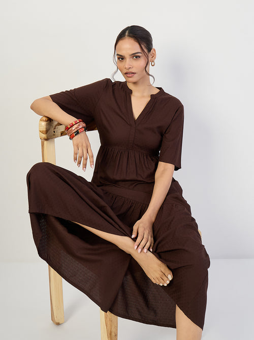 Coffee Brown Dobby Tiered Maxi Dress