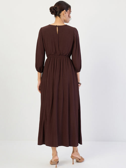 Coffee Brown Crinkled Round Neck Maxi Dress