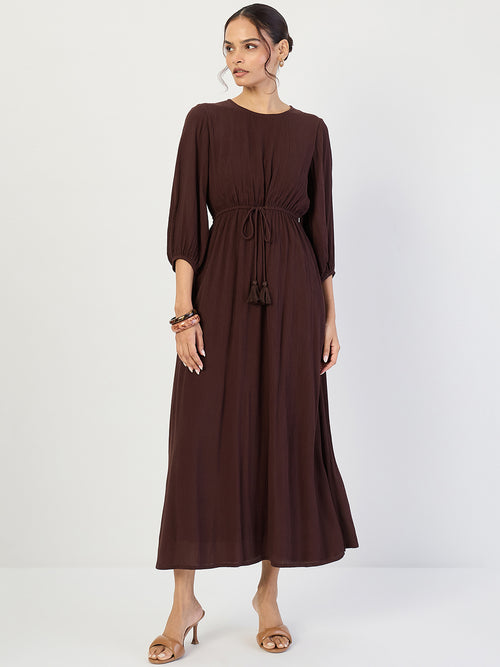 Coffee Brown Crinkled Round Neck Maxi Dress