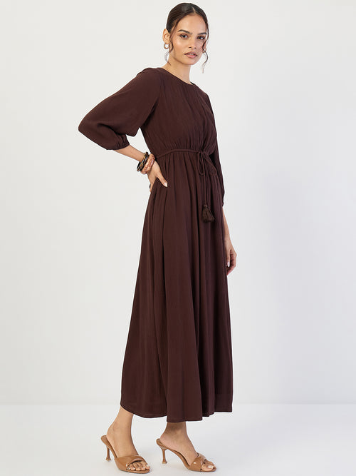 Coffee Brown Crinkled Round Neck Maxi Dress