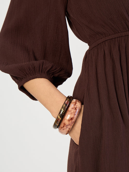 Coffee Brown Crinkled Round Neck Maxi Dress