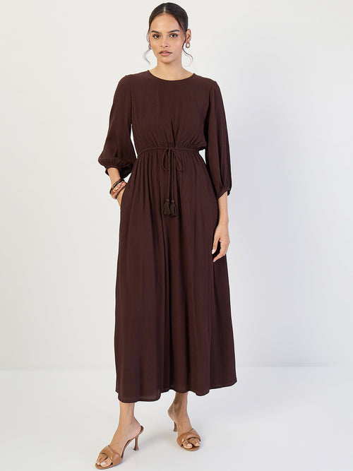 Coffee Brown Crinkled Round Neck Maxi Dress