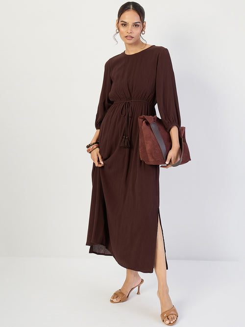 Coffee Brown Crinkled Round Neck Maxi Dress
