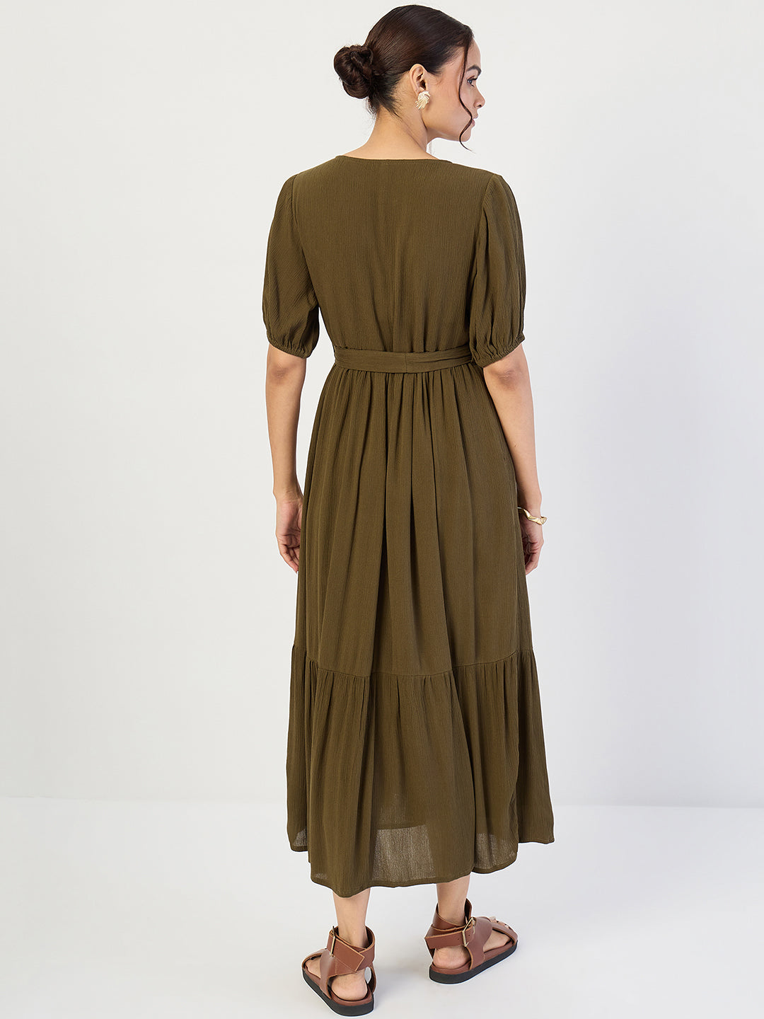 Olive Crinkled V-Neck Maxi Dress