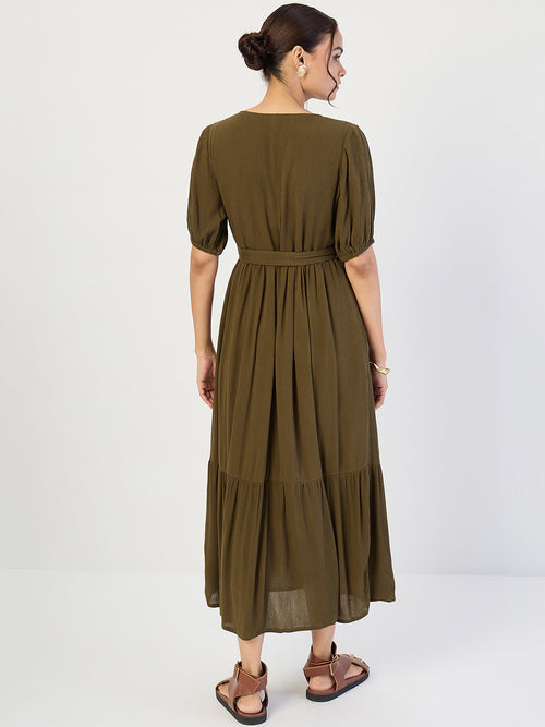 Olive Crinkled V-Neck Maxi Dress