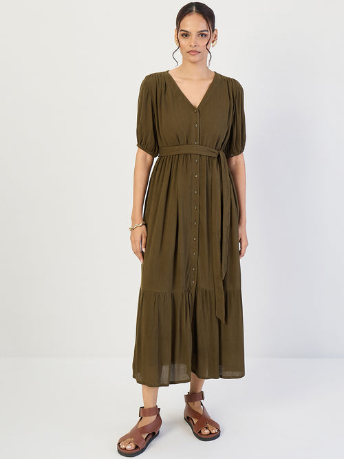 Olive Crinkled V-Neck Maxi Dress