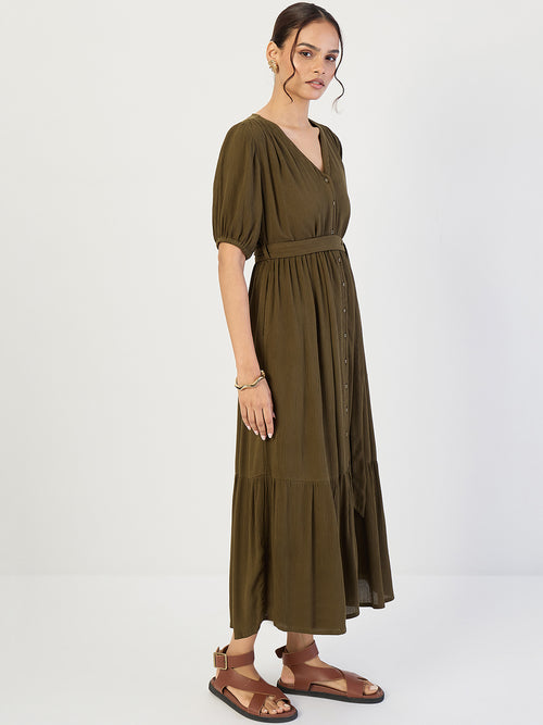 Olive Crinkled V-Neck Maxi Dress