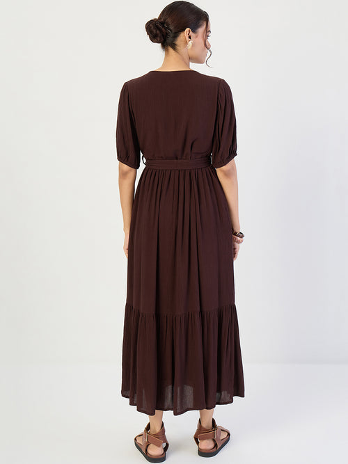 Coffee Brown Crinkled V-Neck Maxi Dress
