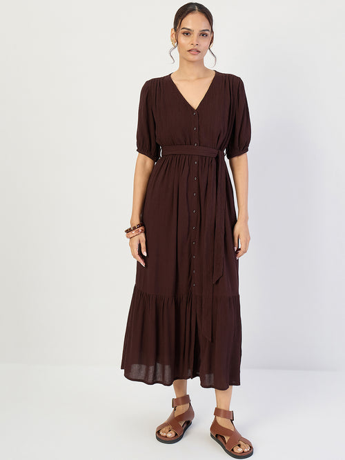 Coffee Brown Crinkled V-Neck Maxi Dress