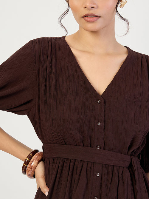 Coffee Brown Crinkled V-Neck Maxi Dress