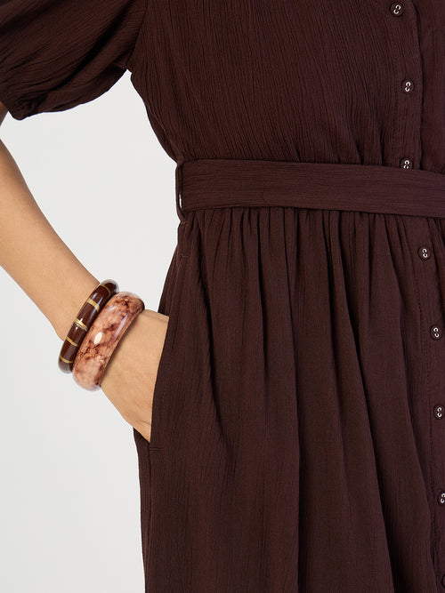 Coffee Brown Crinkled V-Neck Maxi Dress