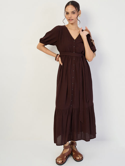 Coffee Brown Crinkled V-Neck Maxi Dress