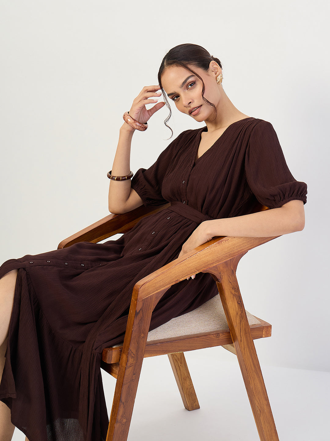 Coffee Brown Crinkled V-Neck Maxi Dress